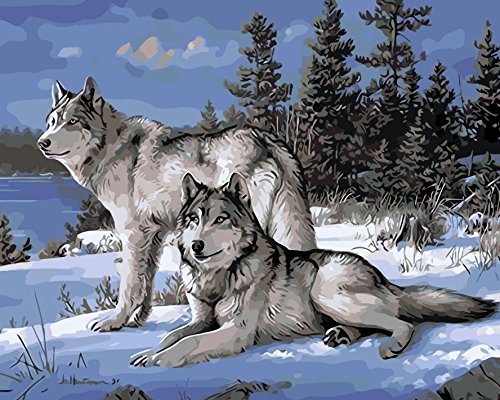 YEESAM ART Stationery Forest Snow Wolves, Paint by Numbers 16x20 inch DIY Painting Kits for Home Wall Decor (Wolf, Framed)