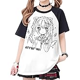 RILGOU Kawaii Gothic Fashion Casual Crewneck Raglan Short Sleeve Cute Graphic Cartoon Girl with Cat Ears Print T-Shirt