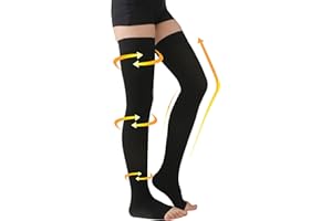 MGANG Medical Thigh High Compression Stockings for Men & Women, Pair, Open Toe, 15-20 mmHg Graduated Compression Support Hose, Opaque, Best for Varicose Veins, Edema, Flight, DVT, Swelling, Black XL