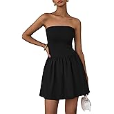 PRETTYGARDEN Women's Summer Strapless Mini Party Dress Spring Casual Tube Top Ruffle A Line Short Patchwork Sundresses