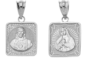 Claddagh Gold 925 Sterling Silver Immaculate Heart of Mary/Sacred Heart of Jesus Square Medal Reversible Necklace and Pendant Only