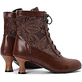 Kekonaca Women Victorian Ankle Boots Witch Mid Calf Lace Up Boot Cosplay Costume Pirate Vintage Granny Booties Renaissance Round Toe Kitten Heel Boots