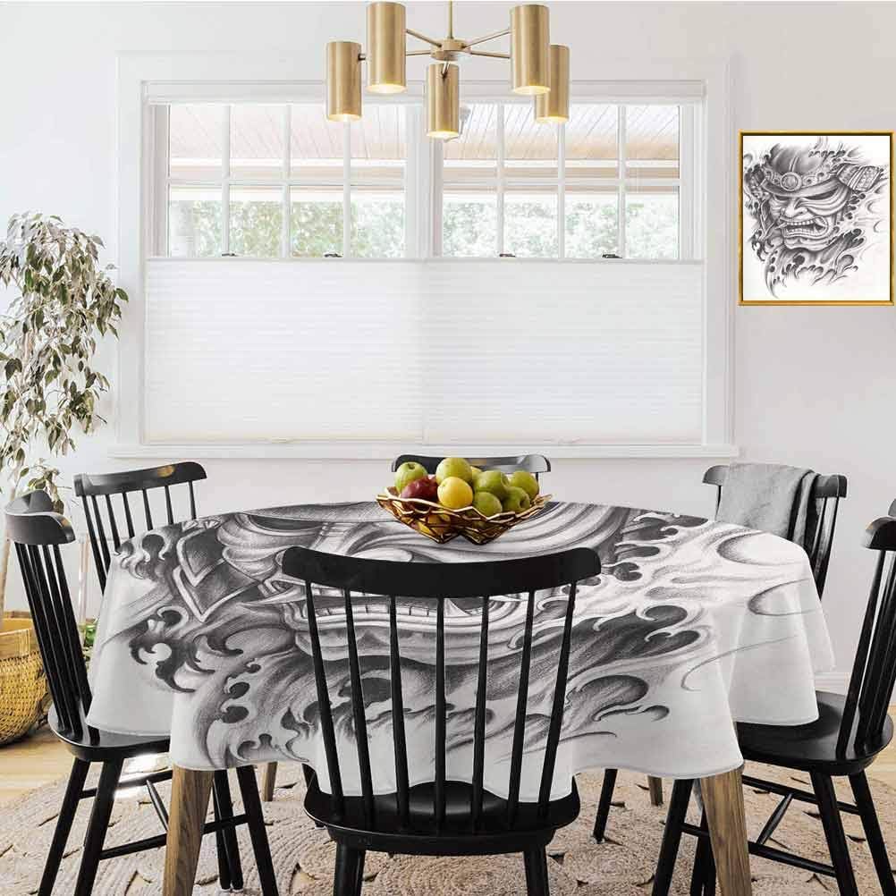 shirlyhome Kabuki Mask Decoration Kitchen Tablecloth Warrior Samurai Drawing Angry Expression Historical Figure Artwork Dining Decorative for Party Picnic Black White (Diameter 54")