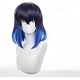 Aadesso Inosuke Hashibira Wig for 鬼滅 Blue and black Short Layered Style Cosplay Wig with wig cap