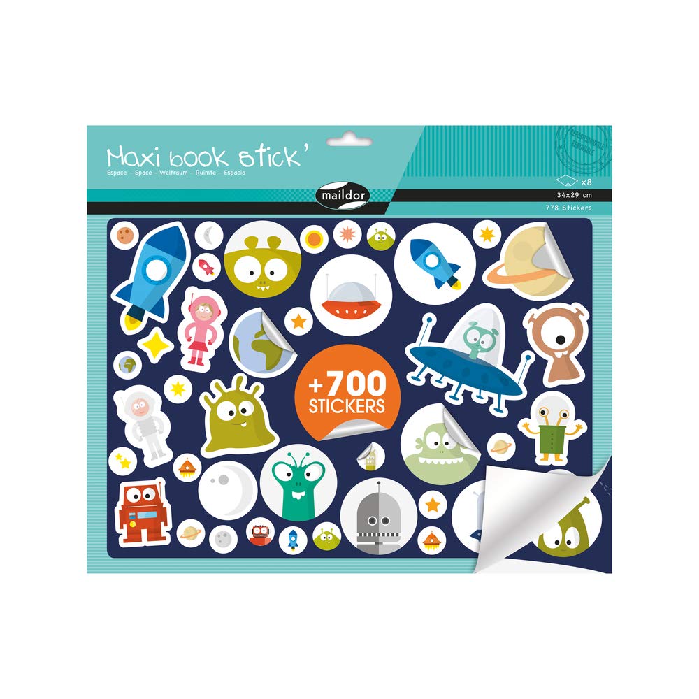 Maildor AE174C - Maxi book stick child - FORMAT 29x34 cm - 8 boards - 778 STICKERS - SPACE THEME - Children's Arts and Crafts Accessories - Creative and Leisure