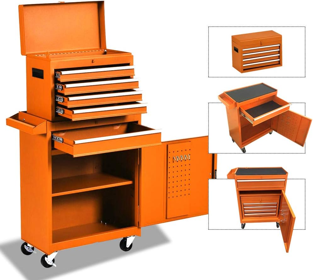 Big Tool Chest,Rolling Tool Chest,Tool Chest with Wheels and Drawers,Removable 4-Wheel Tool Chest,Tool Cabinet with 5 Drawers,Large Capacity Tool Box with Lock-New Orange