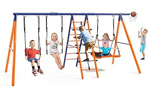 SIHANM Swing Sets for Backyard 3 Seats - 6 in 1 Swing Set Outdoor for Kids, Extra Large Heavy Duty Metal Swing Frame with 3 Adjustable Swings, Climbing Ladder and Net, Basketball Hoop, Load 700 lbs