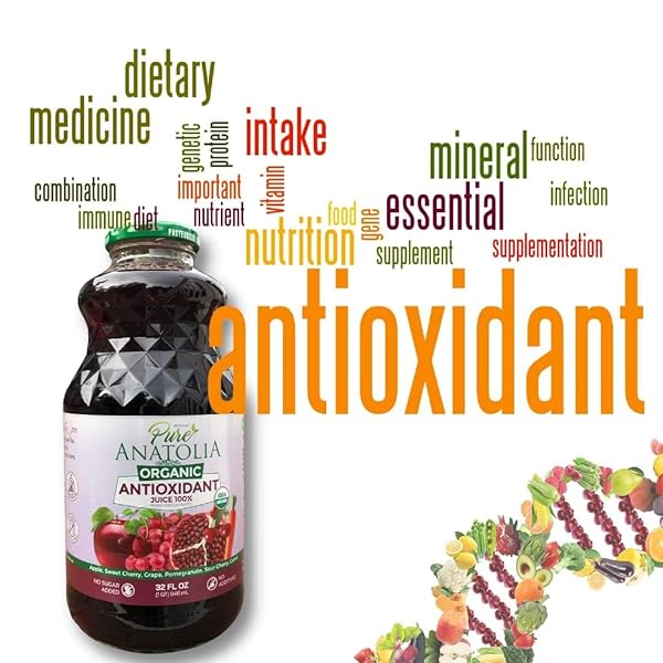 PURE ANATOLIA ORGANIC ANTIOXIDANT DETOX JUICE 32 FL OZ – BLEND OF APPLE, SWEET CHERRY, GRAPE, CARROT, TART CHERRY AND POMEGRANATE – IMMUNE BOOSTING GLASS BOTTLE (PACK OF 1)