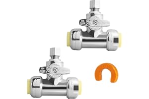 (Pack of 2) WiseWater 1/2" Push x 1/2" Push x 1/4" O.D Push Fit Tee Stop Valves with Disconnect Clip, 1/4 Turn Chrome Plated 