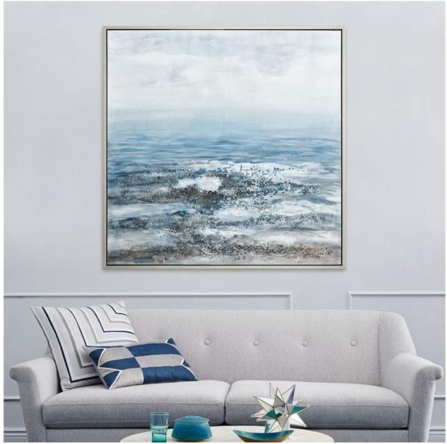 MOTINI Blue Ocean Wall Art Large Framed Oil Paintings Hand Painted On Canvas with Beads Sea and Beach Artwork for Living Room Bedroom Wall Decor 48"x48"
