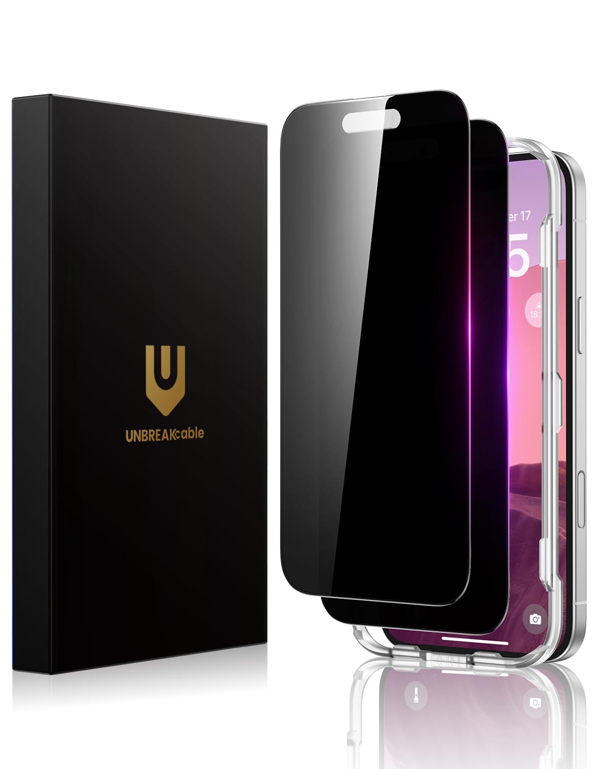 Photo 1 of UNBREAKcable Privacy Screen Protector for iPhone 16/15, 28° Anti Spy Tempered Glass Film, Full Coverage, Anti-Scratch, 9H Hardness, Military Grade Protection, 99.99% HD, Sensitive Touch, 2 Pack
