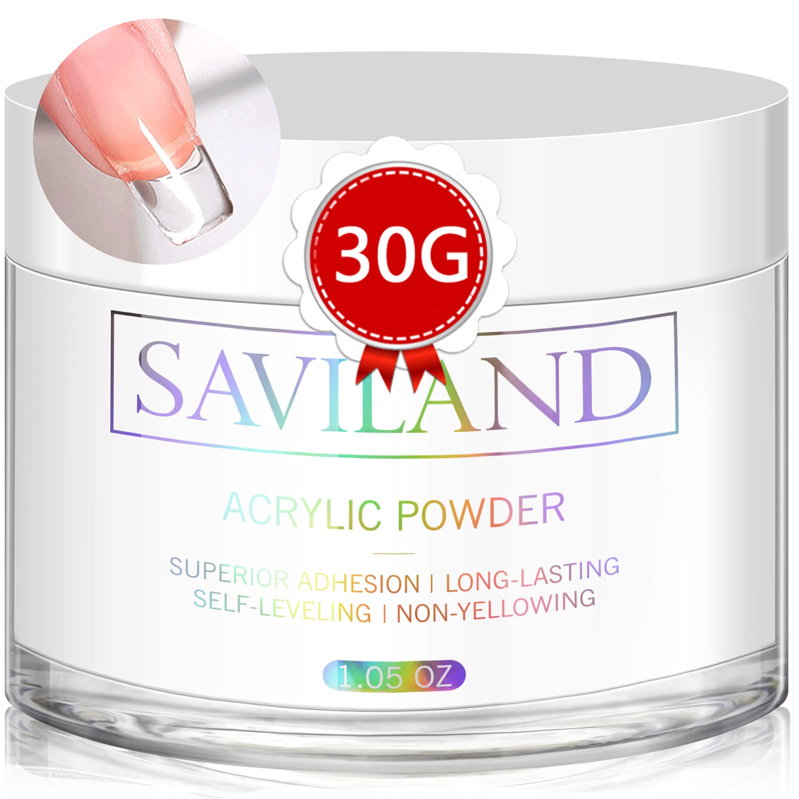 Saviland Clear Acrylic Powder - 30g Professional Acrylic Nail Powder for Acrylic Nails Extension, Professional Nail Acrylic Powder for 3D Nail Art, Nail Decoration No Need Nail Lamp