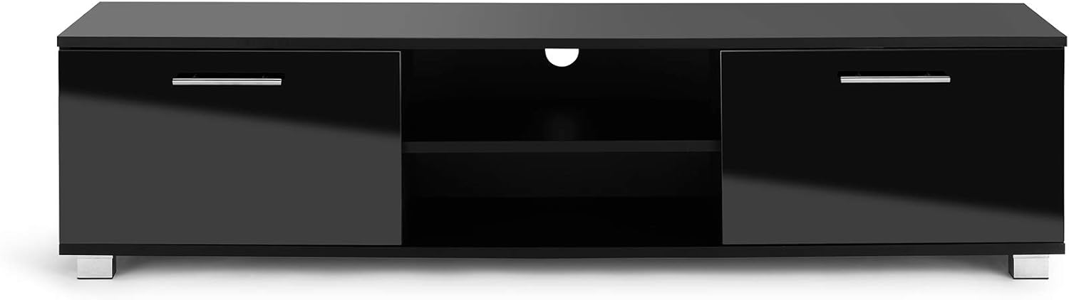 MMT Black Gloss TV Stand Cabinet 140cm for Up to 65 Inch TV, Living Room Furniture with Storage Cupboard and Open Shelving - Image 3