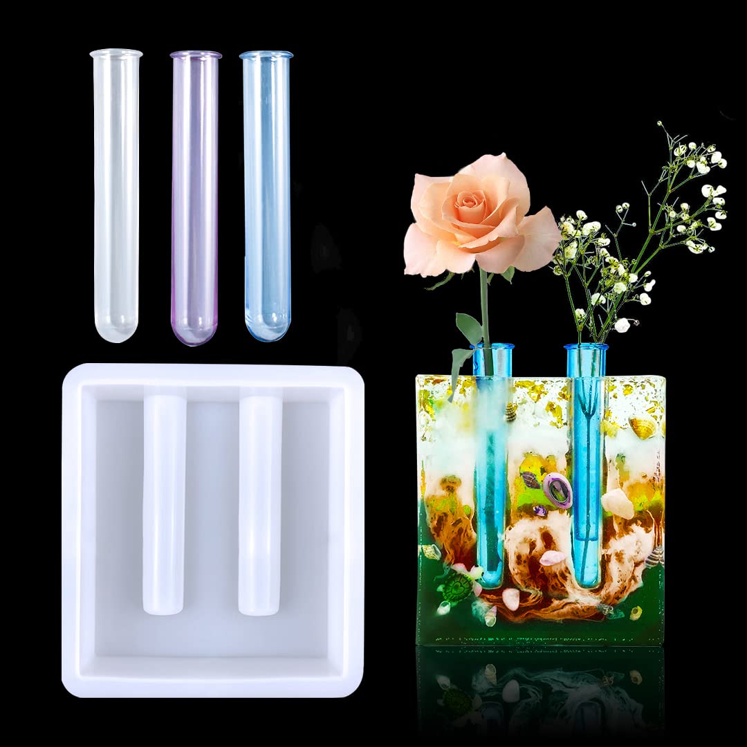 Zayookey Resin Vase Mold Propagation Station Silicone Molds Planter Epoxy Mould Square Resin Casting Mold with 3 Test Tubes for Hydroponic, Flower Holder, Home Décor