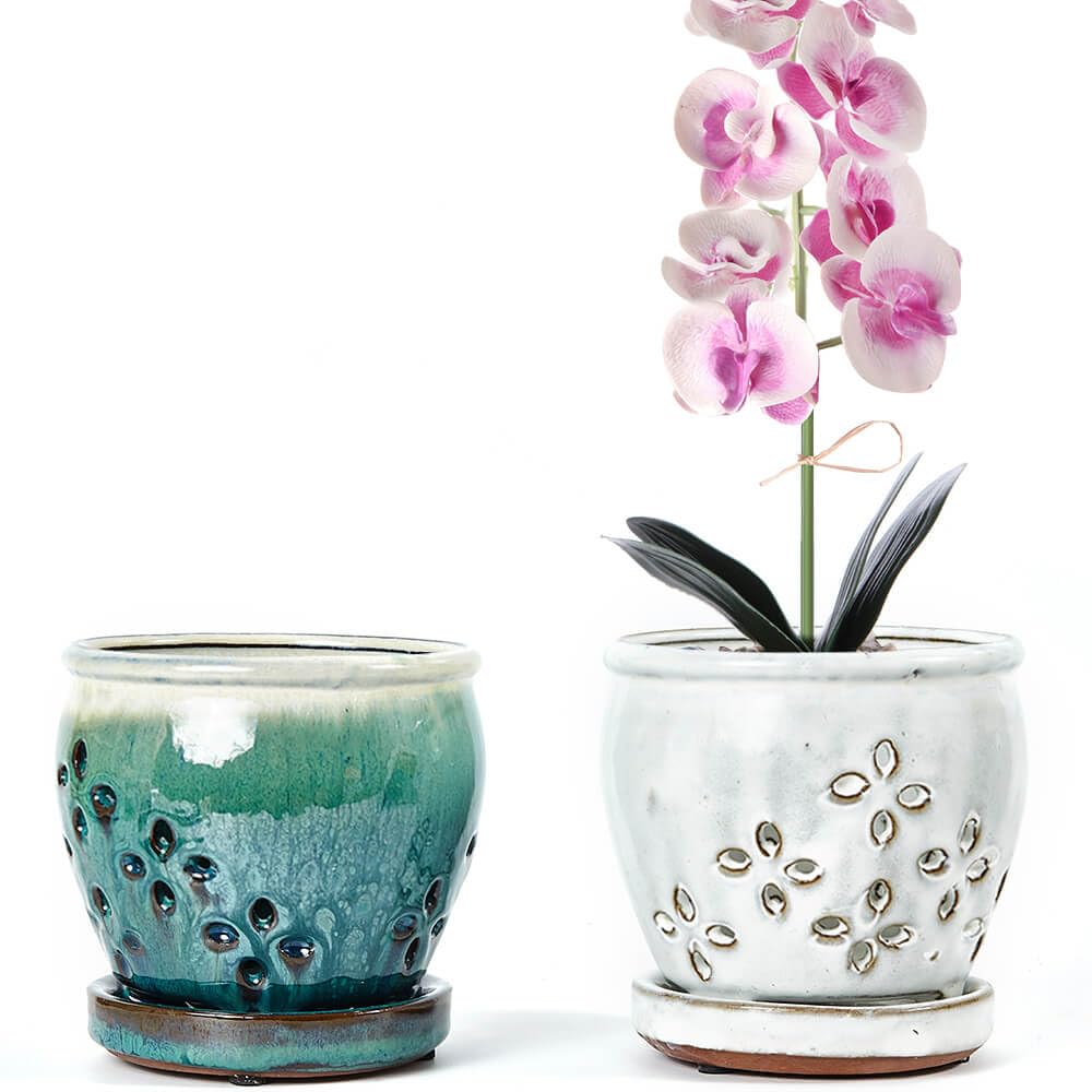 Photo 1 of NiSevenLiving Orchid Pots with Holes Attached Saucers 4.6 Inches - 2 Pcs Small Ceramic Pots for Repotting, Decorative Ceramic Orchid Planter with Hole for Healthy Root Growth White Green