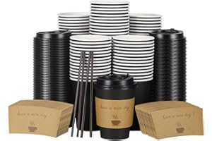 BYSNOW 100 pack 12 oz Thickened Coffee Cups with Lids, Scald Resistant Hot Cups with Sleeve and Straw, To Go Coffee Cups for Home, Office, Cafes and Party (Black 12oz)