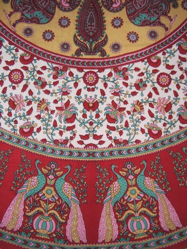India Arts Floral Peacock Round Cotton Tablecloth 72" Red