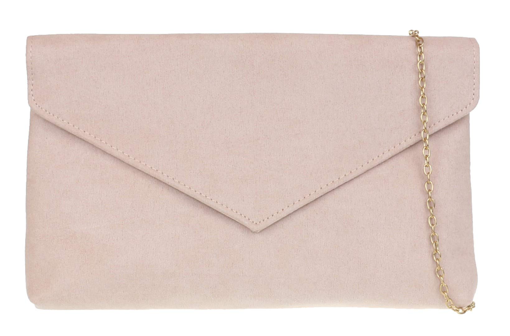 Girly Handbags Womens Faux Suede Clutch Bag with Detachable Chain Strap, Evening Bag for Weddings and Parties- Nude