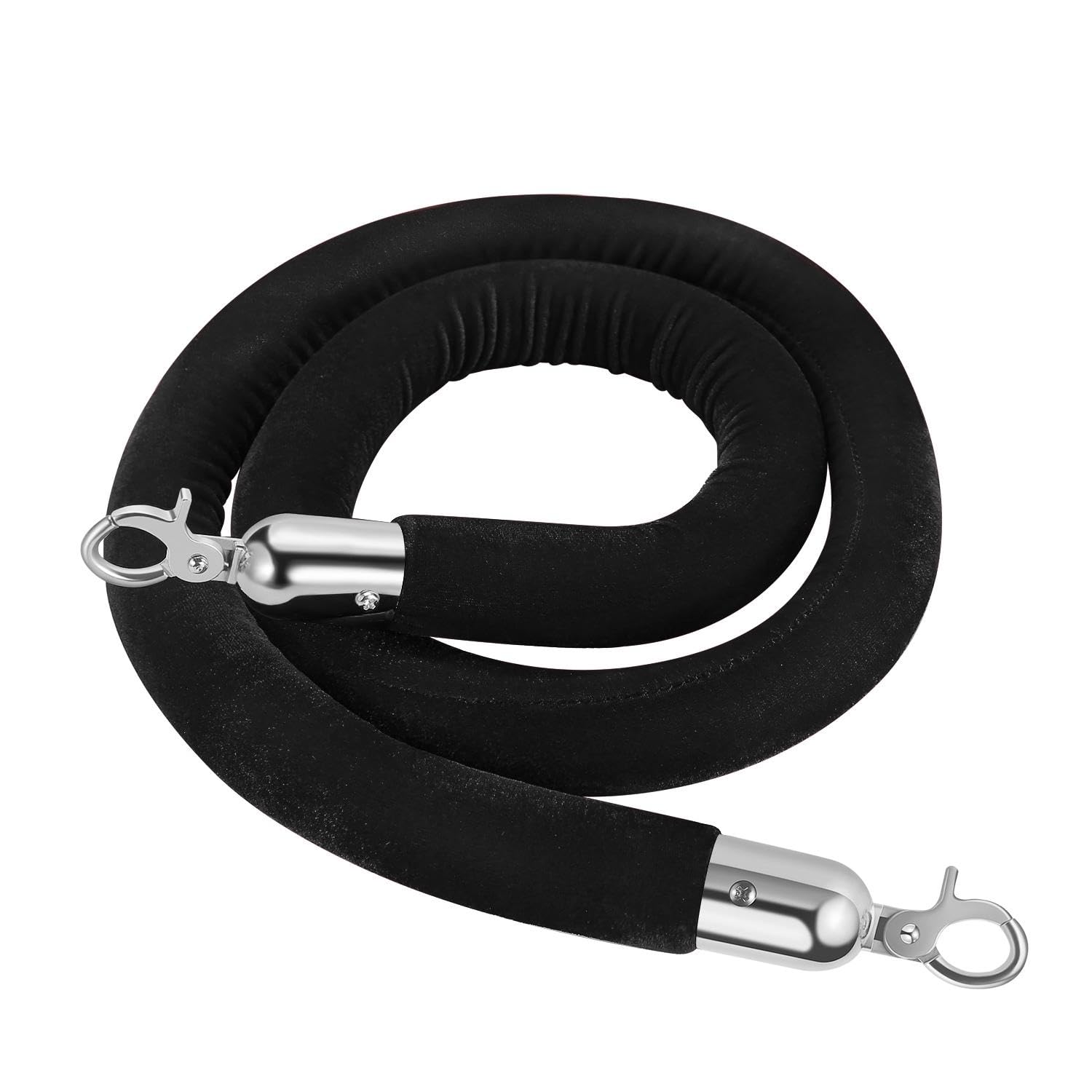 Flexzion Velvet Stanchion Rope (5FT, 1 Pack) 1.5" Thick Black Cord for Ball Crown Top Style Barriers Post, Crowd Queue Line Safe Control, Round Velour with Silver Plated Polished Snap Hook