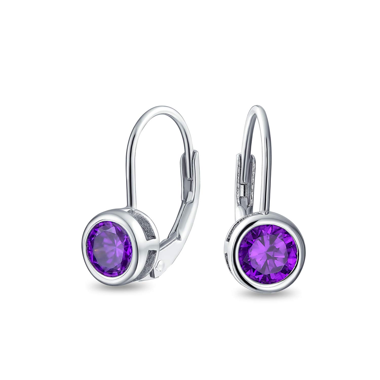 Dainty Round Bezel Brilliant Cut Purple AAA Cubic Zirconia Simulated Amethyst CZ Solitaire Dangle Drop Earrings Lever Back .925 Sterling Silver — image 1