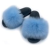 AuapTavw Women's Faux Fur Slides Slippers Fluffy Fuzzy Sandals Open Toe Furry Slide Flip Flop Indoor Outdoor
