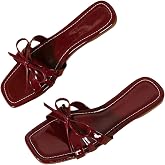 OYOANGLE Women's Leather Bow Flat Sandals Square Open Toe Slip On Dressy Sandal