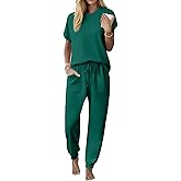 Ekouaer Womens Pajama Sets 100% Cotton Pajamas Short Sleeve Pj Top With Jogger Pants 2 Piece Lounge Set with Pocket