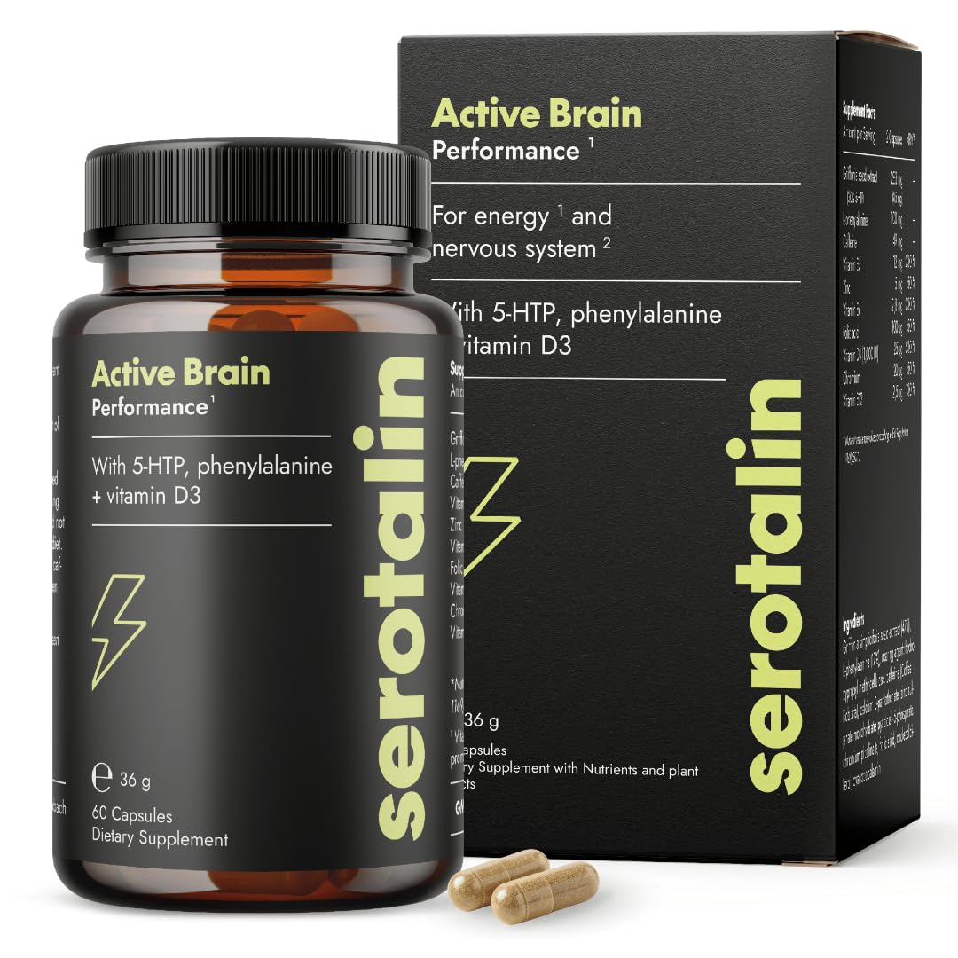 serotalin Active Brain Performance (Formerly Happy Energy) | High-dosed with Griffonia, B Vitamins, Caffeine & zinc | Vegan & Made in Germany | 60 Capsules (2 Months)