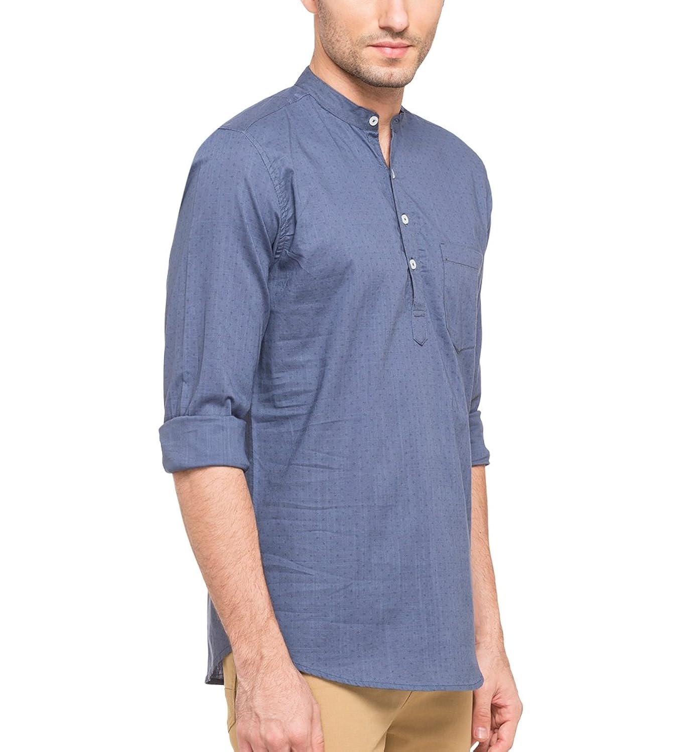 nick&jess mens ethnic wear : blue printed linen short kurta shirt
