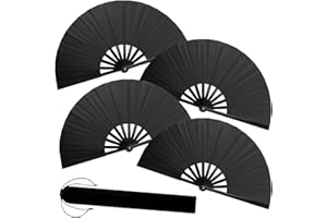 ATTRACME 4PCS Large Chinese Folding Fans with 4 Fan Sleeves, Chinese Kung Fu Tai Chi Fans, Clacking Fans for Line Dancing, Popping Fans for Line Dancing for Adult(Black)