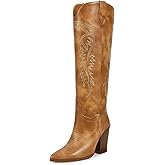 ISNOM Women's Cowgirl Boots Pull On Knee High Boots, Cowboy Western Embroidered Chunky Block Heel Pointed Toes Boots