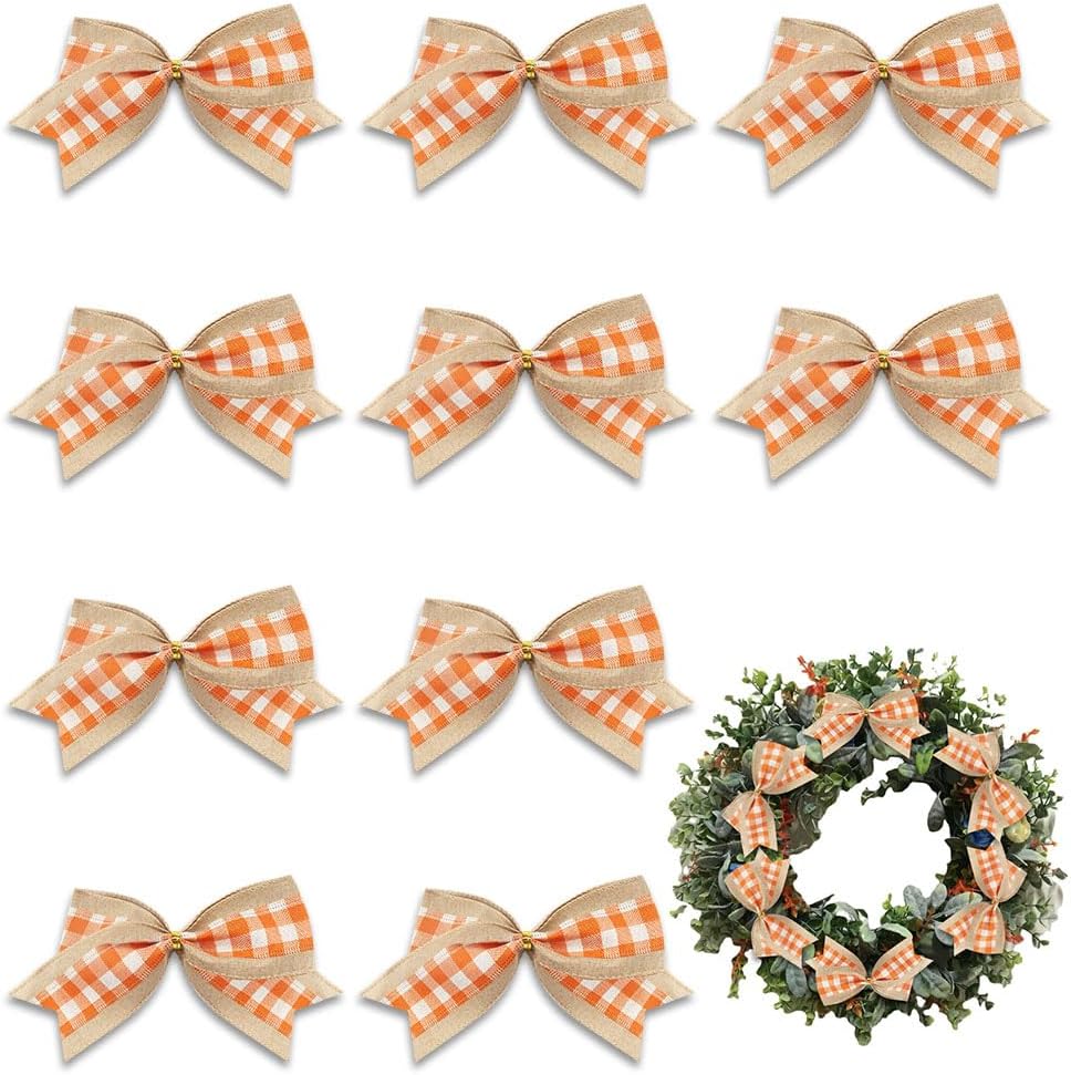 Bows & Ribbons - Estivaux 10 PCS Fall Bows for Wreath, Thanksgiving Wreath Bows Orange White Buffalo Plaid Bow Natural Burlap Craft Bow Holiday Farmhouse Tree Bows for Basket Autumn Thanksgiving Decorations Supplies