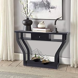 Giantex Console Hall Table for Entryway Small Space Sofa Side Table with Storage Drawer and Shelf Home Office Living Room Furniture Narrow Accent Hall Table (Black)