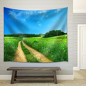 Countryside Roads Through Green Fields Under The Blue Sky - Fabric Wall Tapestry Home Decor - 51x60 inches