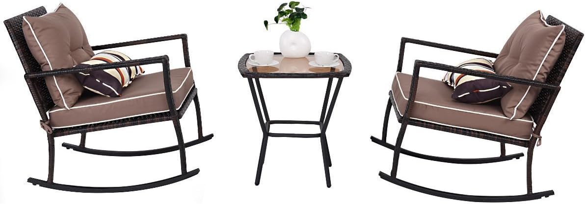 Tangkula AM1483HM Rocking Set 3 Piece Outdoor Patio Garden Poolside Wicker RATT, Brown: Garden & Outdoor