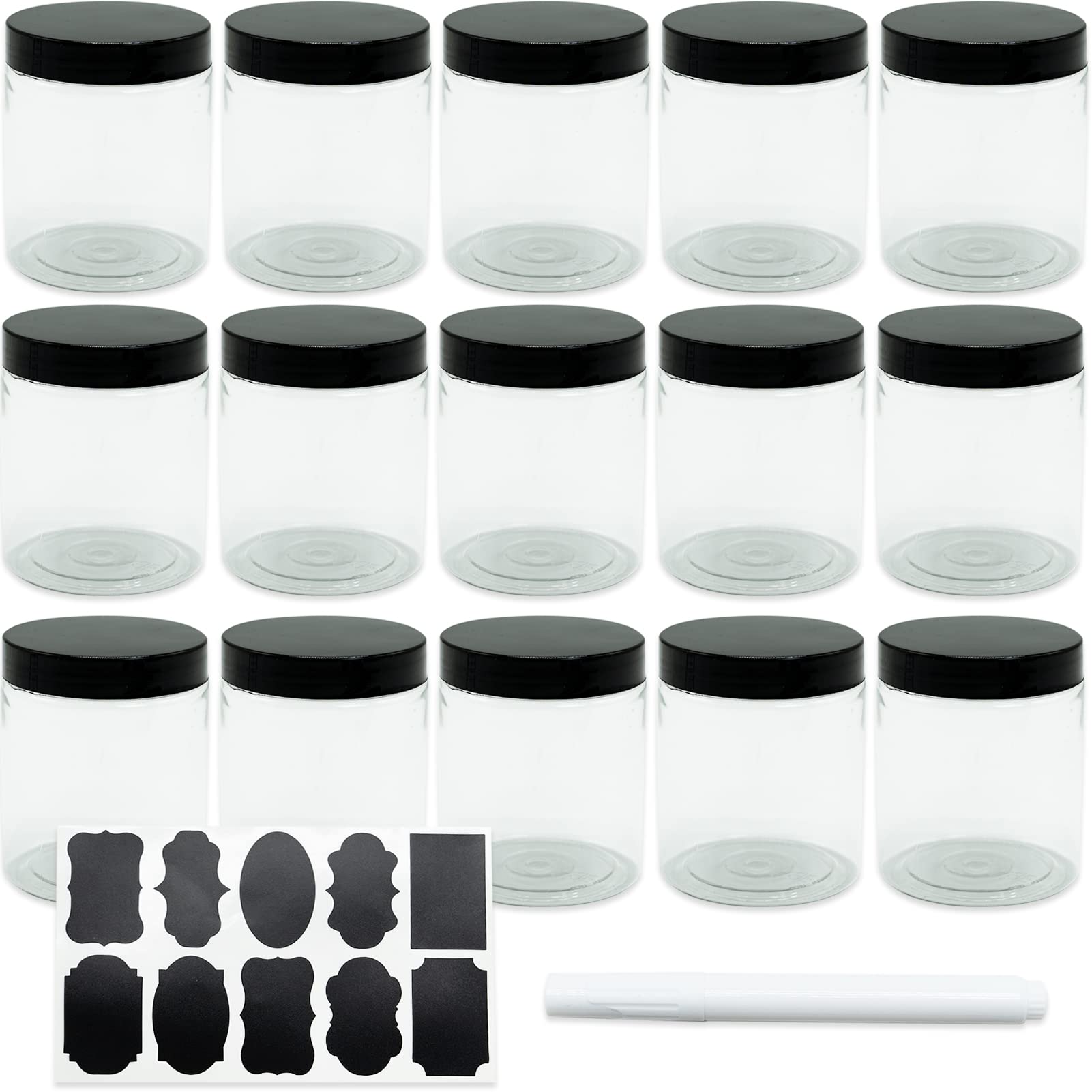 REBECASKYENS 15 Pack 8 Oz 250ml Round Clear Reusable Plastic Jars with Black Lids, Wide-Mouth Bpa Free Refillable Empty Storage Jars for Beauty Products, DIY Making