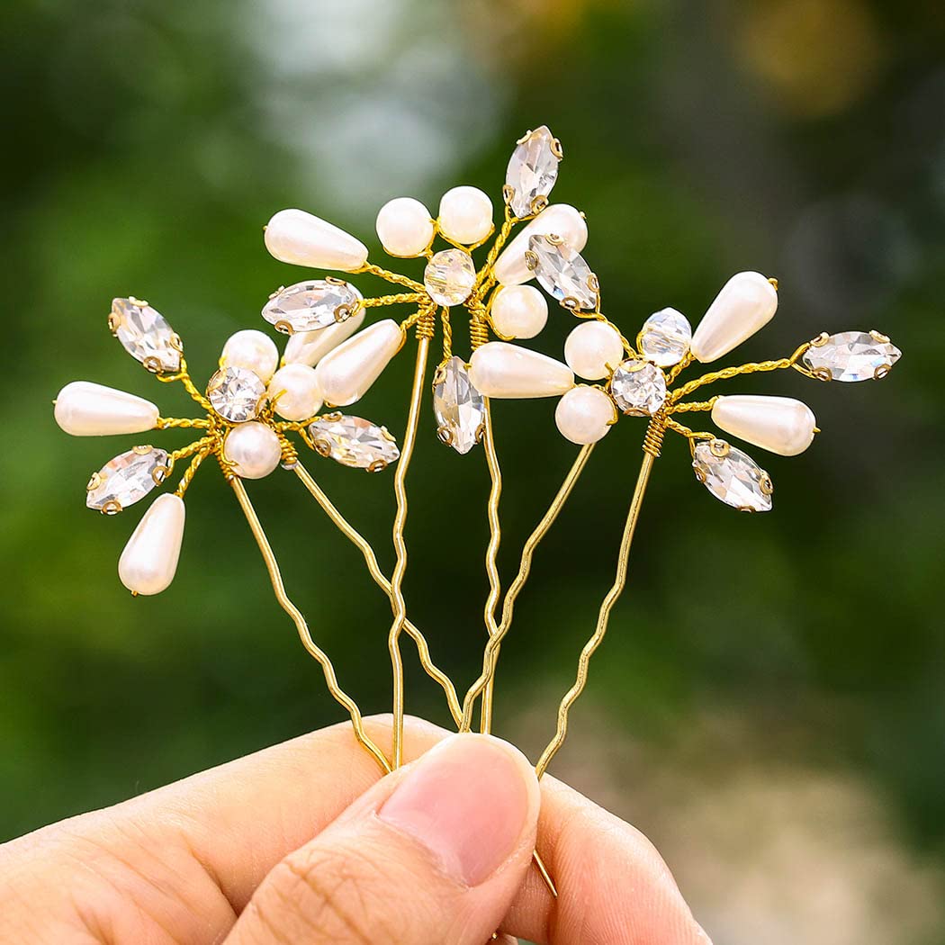 IYOU Bridal wedding Hair Pins Crystal Pearl Hair Piece Sparkling Rhinestone Hair Clip Bride Wedding Hair Accessories for Women(pack of 3) (Gold)