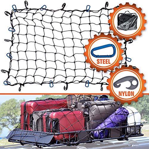3'x4' Super Duty Cargo Net, Bungee Net Stretches to 6'x8' for Oversized Rooftop Cargo Rack | 12 Tangle-Free Steel Carabiners + 12 Hooks | 3.5"x3.5" Grid Holds Small & Large Loads Tighter