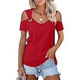 Minetom Women's Cold Shoulder Tops Short Sleeve V Neck T Shirts Basic Summer Tees