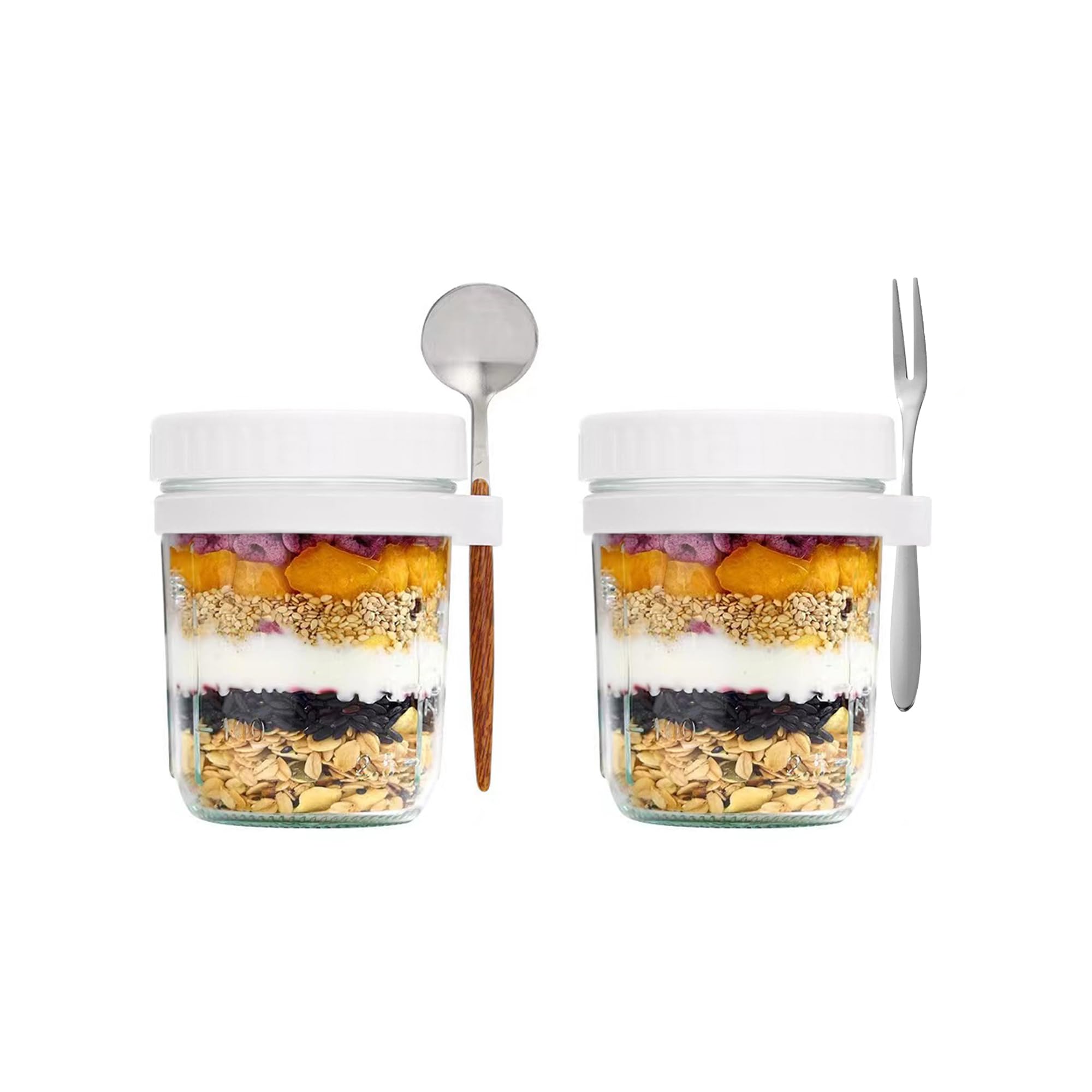 Photo 1 of MOFALA Wide Mouth Mason Jar, 16 ozMeal Prep Jars, Oatmeal Glass Container with Lid and Spoon, Salad Lunch Container with Volume Scale for Yogurt, Oatmeal Milk, Pickled Cucumbers (White, 2PCS)