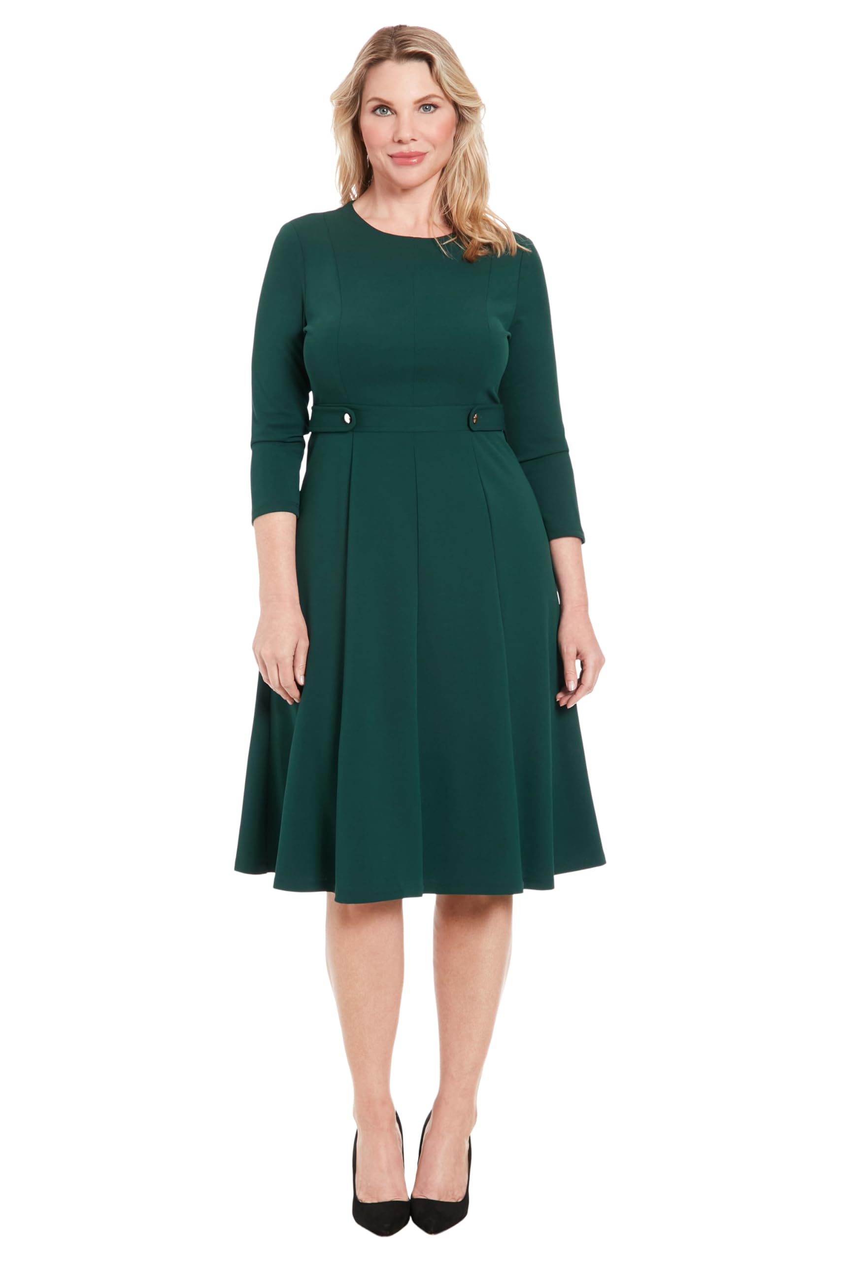 London Times Women’s Dresses Crepe Fit and Flare Midi with Waist Button Detail, Emerald Delight, 16