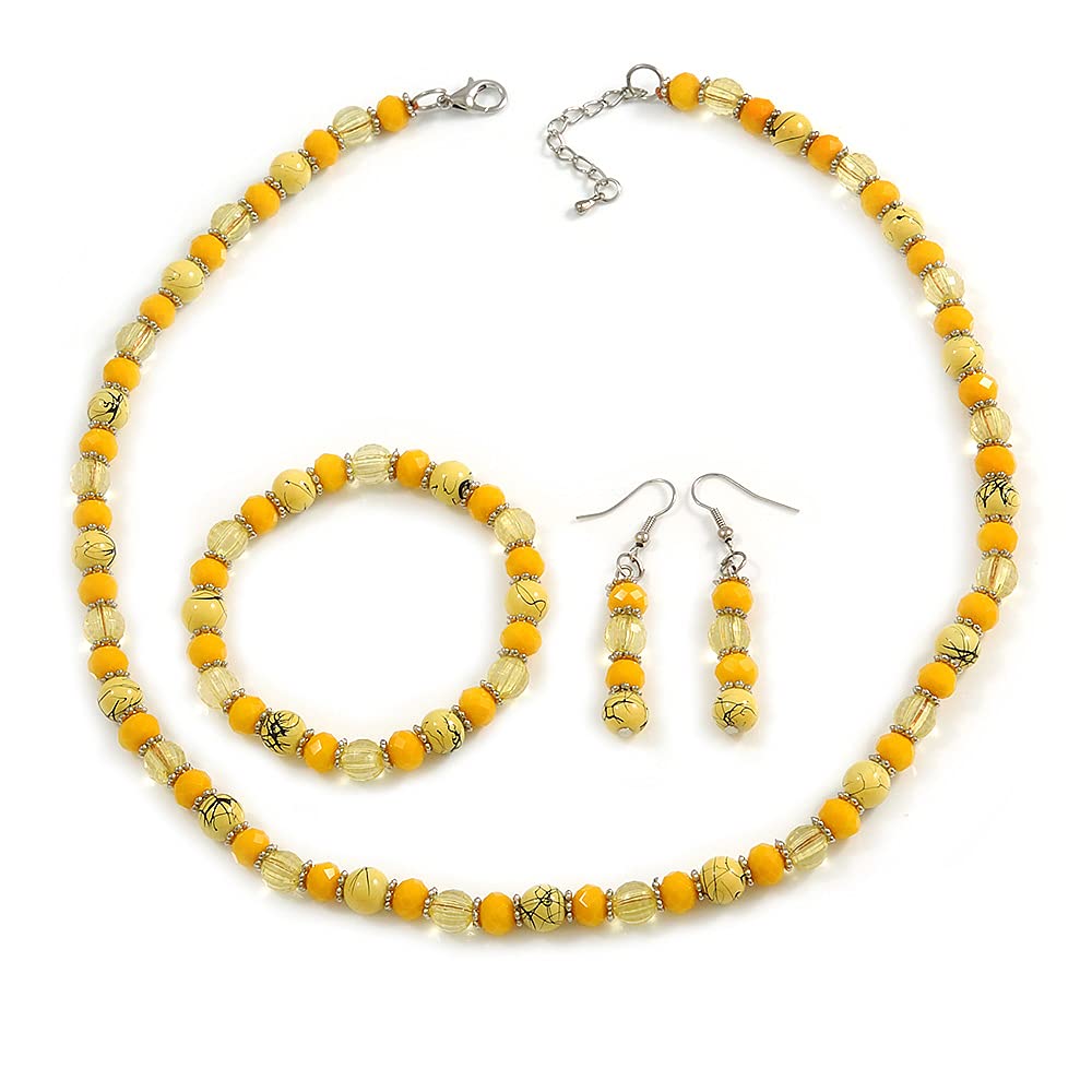 Avalaya Yellow Glass/Ceramic Bead with Silver Tone Spacers Necklace/Earrings/Bracelet Set - 48cm L/ 7cm Ext