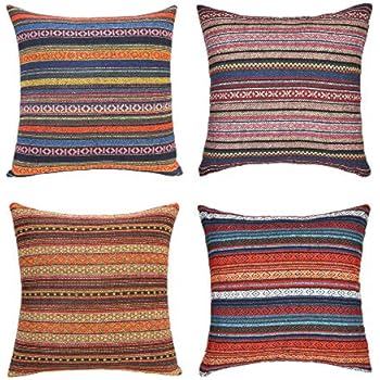 Merrycolor Decorative Throw Pillow Cover for Couch Sofa Bed Bohemian Retro Stripe Cotton Blend Linen Pillow Case(Only Pillow Cover (4 Pieces, 18''x18'', J-2 Mix (4 Pack))