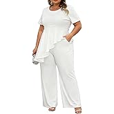 CXXQ Women's Plus Size 2 Piece Outfits Suit Set Short Sleeve Peplum Top Straight Pants Sets Business Pantsuits