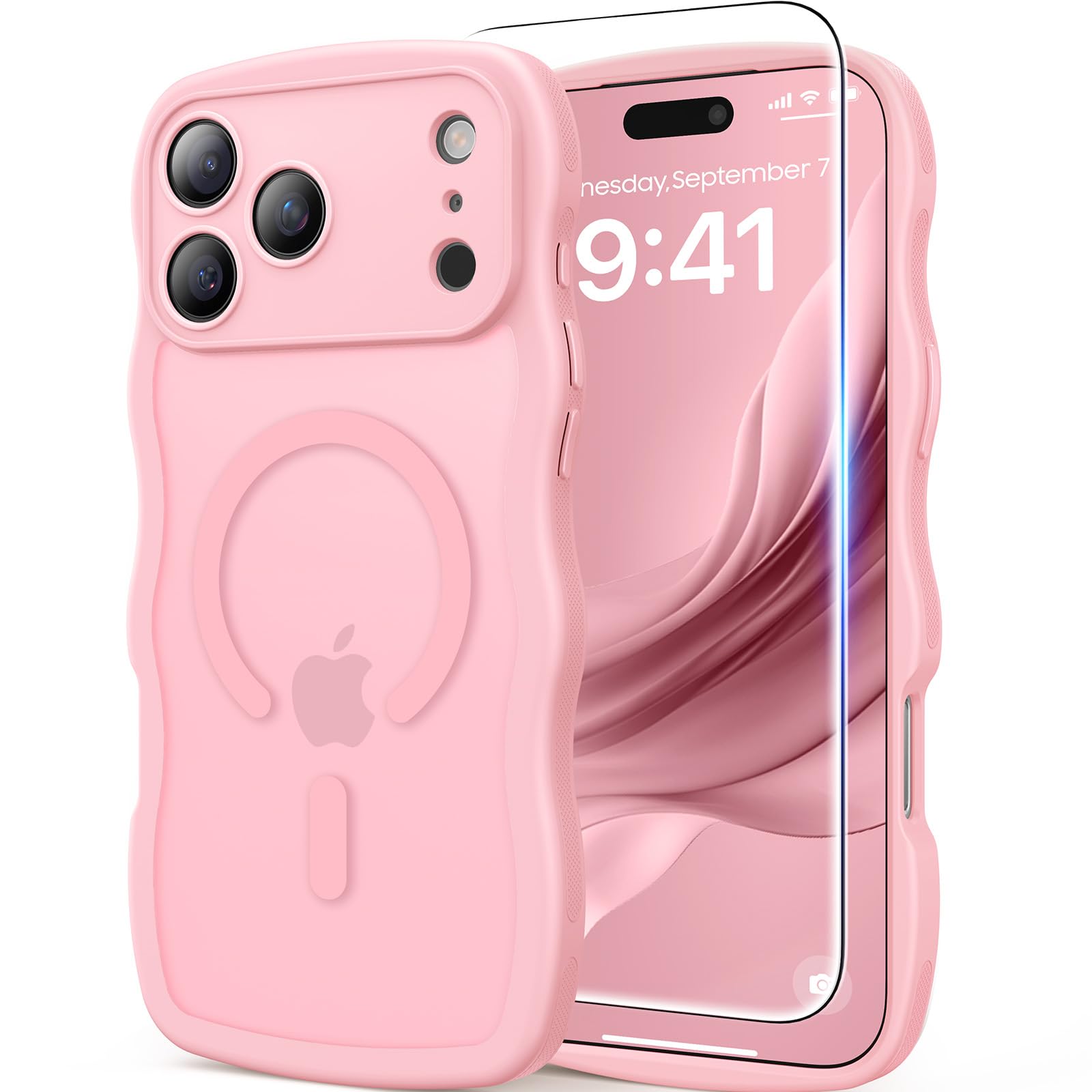 Photo 1 of 3 in 1 Magnetic for iPhone 17 Pro Max Case, Cute Wavy [Full Camera Protection] [Fit for MagSafe] 1X Screen Protector + 1X Wrist Strap, Trendy Women Girly Case for iPhone 17 ProMax 6.9", Peach Pink