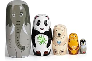 LovesTown 5PCS Russian Nesting Dolls, Wooden Matryoshka Animal Stacking Fun Toys for Kids Boys Girls Birthday & Christmas Decor