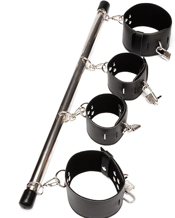 leather Sex Bondage Wrist Ankle Cuffs Kit with Satinless Steel Spreader