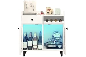 COCO DESIGN Small Wine Liquor Cabinet with Led Light, Modern Coffee Bar Cabinet with Storage for Home, Buffet Sideboard with Glass Door & Wavy Wine Rack for Kitchen, Farmhouse, White