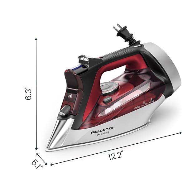 ROWENTA IRON, FOCUS EXCELLENCE STAINLESS STEEL SOLEPLATE STEAM IRON FOR CLOTHES, RETRACTABLE CORD, 400+ MICROSTEAM HOLES, POWERFUL STEAM, LED DISPLAY, 1750 W IRONING CLOTHES, CORDREEL, RED DW5433