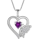 Inpasne Heart Butterfly Necklace for Women 925 Sterling Silver Heart Pendant with Birthstone Jewelry for Women Her Mom Wife